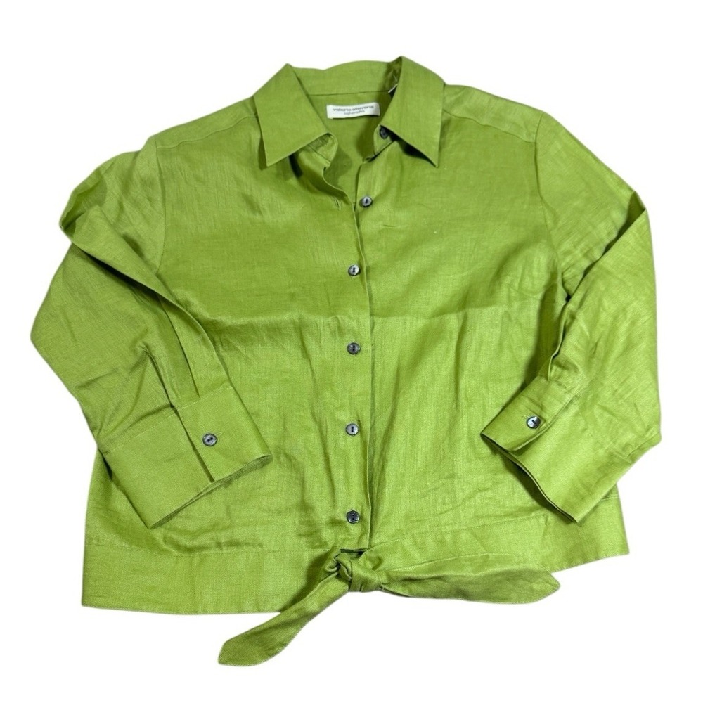 Valerie Stevens Separates 100% Linen Tie Waist Top Womens Sz  S Chartreuse Green